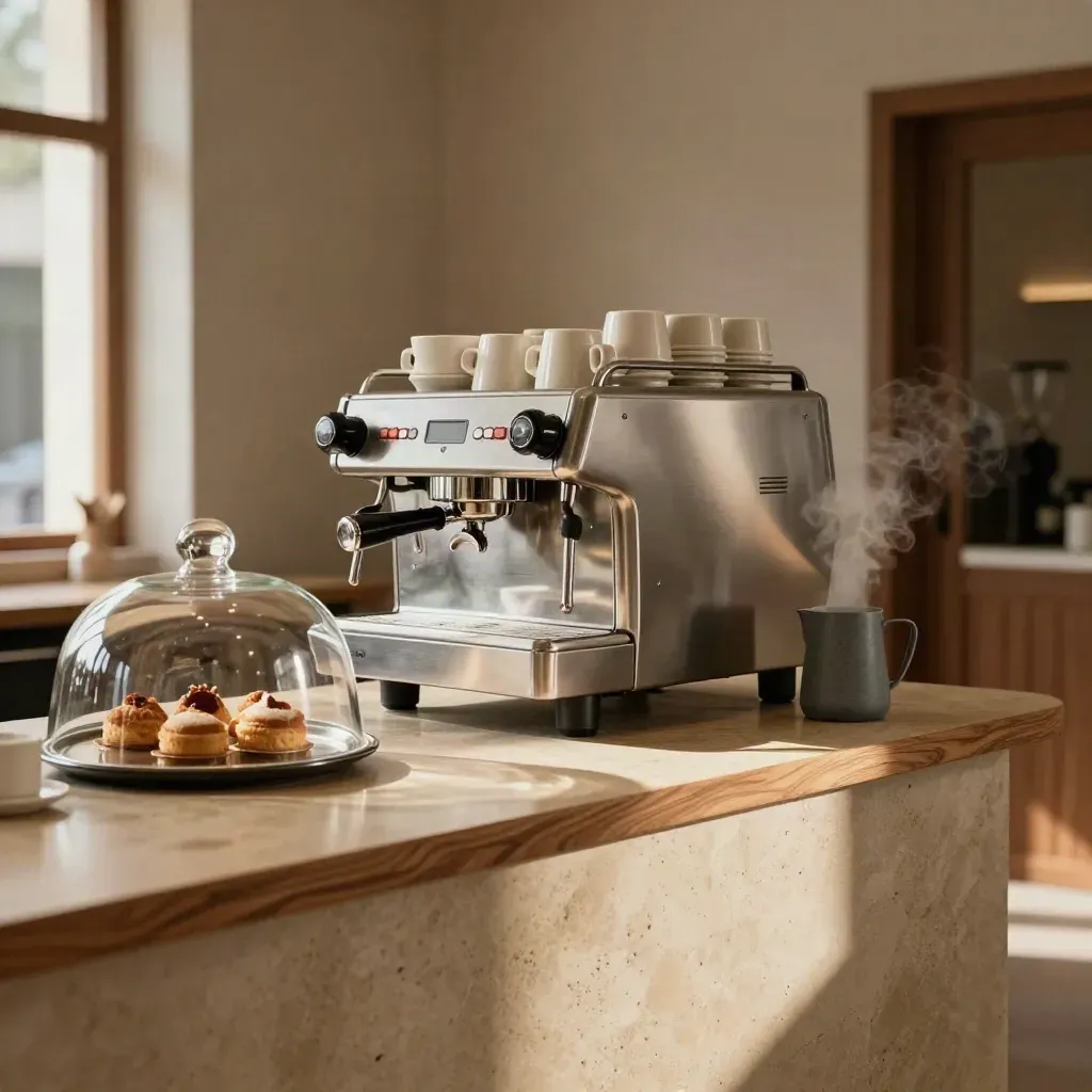 Leere Cafétheke mit Espressomaschine, Tassenstapel und warmer Türöffnung im Morgenlicht