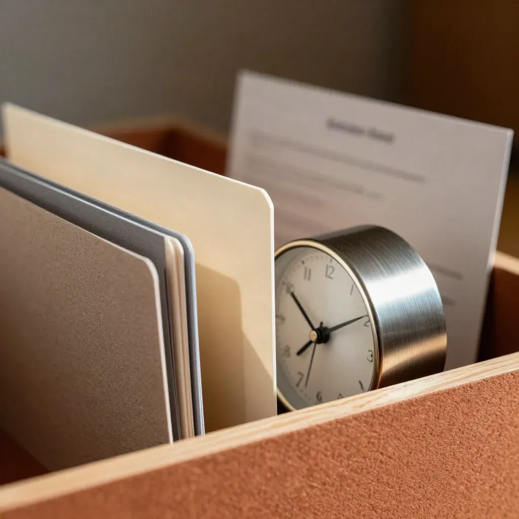 Makro von Registerkarten, Ordnertrennern, kleiner Uhr und Bookmark-Stapel in warmen Naturtönen.