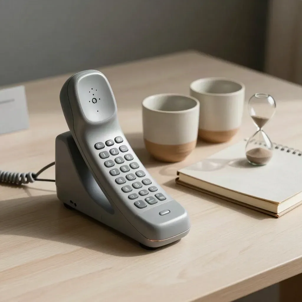 Elegantes Stillleben mit Telefonhörer, zwei Tassen, Notizbuch und Sanduhr auf hellem Holz.