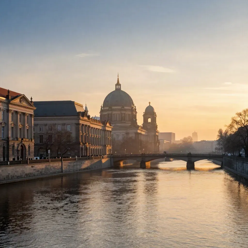 Berliner Skyline an der Spree im goldenen Morgenlicht mit Nebel und ruhigem Wasser