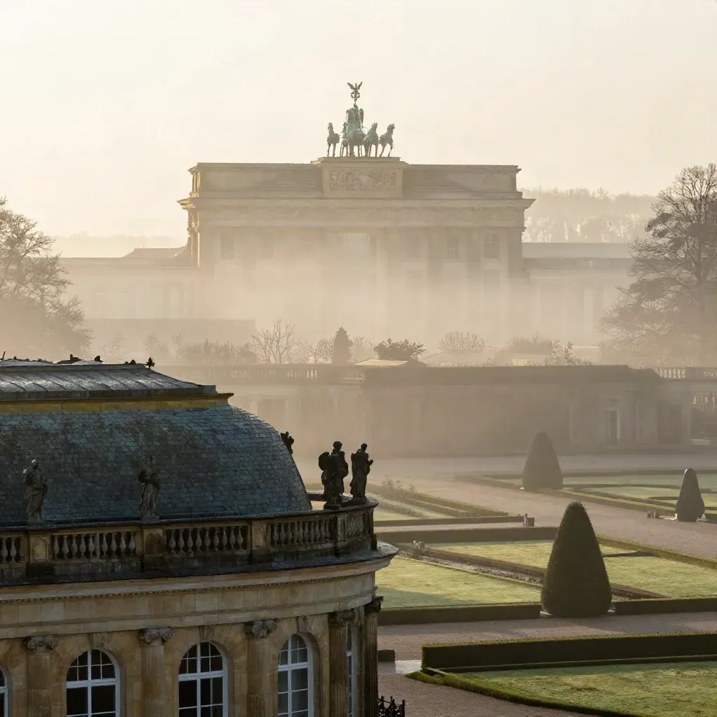Sanssouci in Brandenburg bei Morgennebel, mit ruhigen Gärten und Dachlinien hoch im Bild