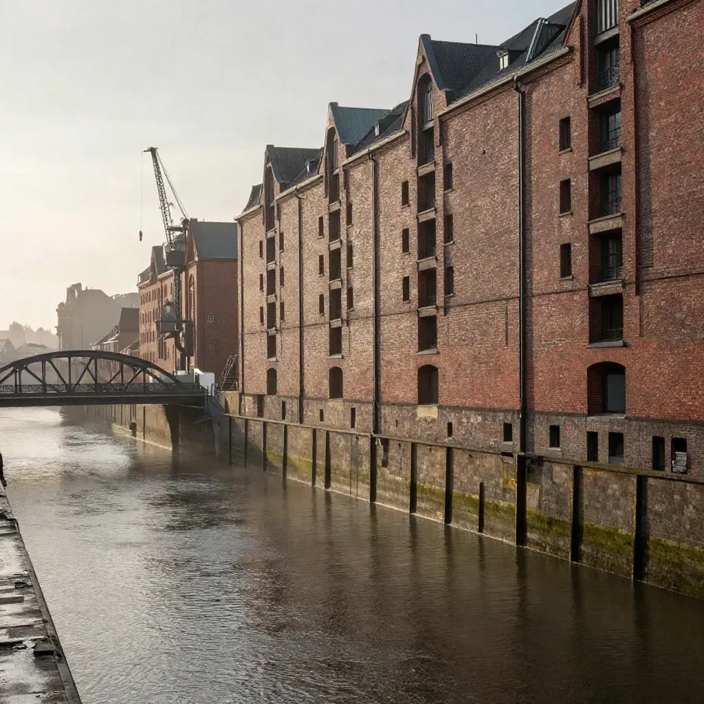 Hamburg Speicherstadt mit Brücken und Kanälen im warmen Licht nach Regen